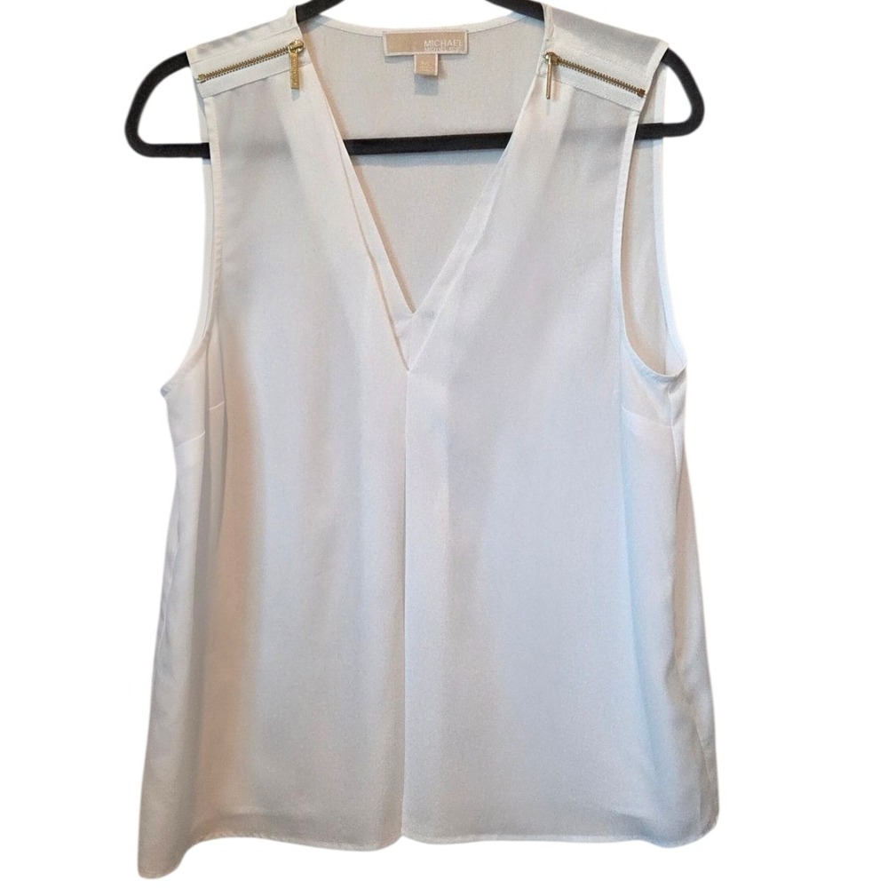 Michael Kors White Sleeveless V-Neck Top with Shoulder Zipper Detail
